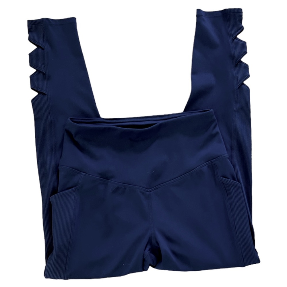 MTA Sport Womens Active Bottom Leggings Size Small Diamond Cutout Navy Ribbed